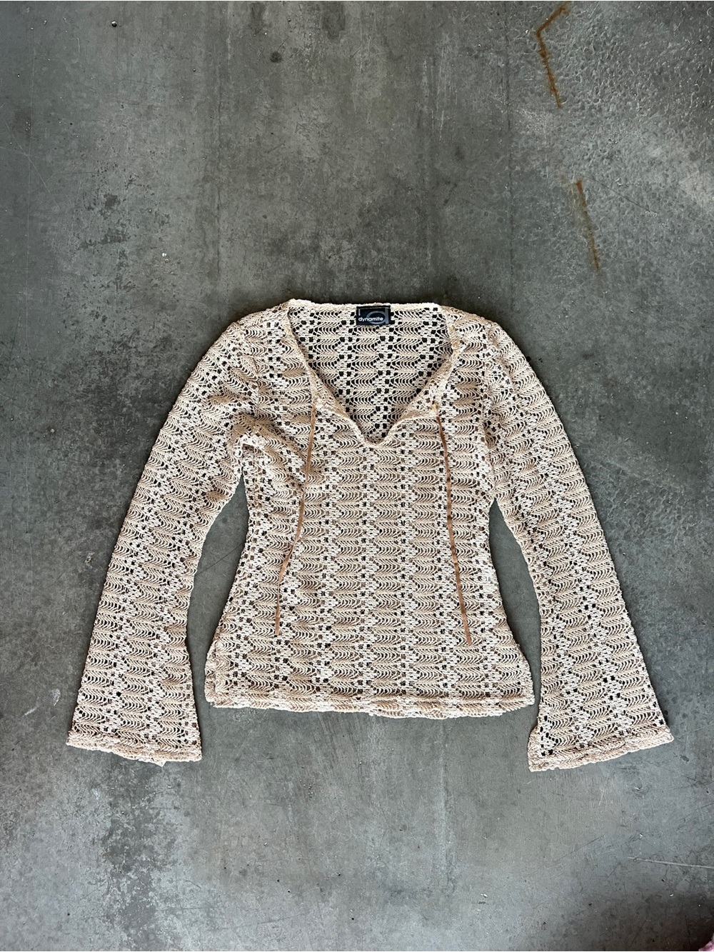 Vintage Dynamite Cream Crochet V-Neck Long Sleeve Shirt